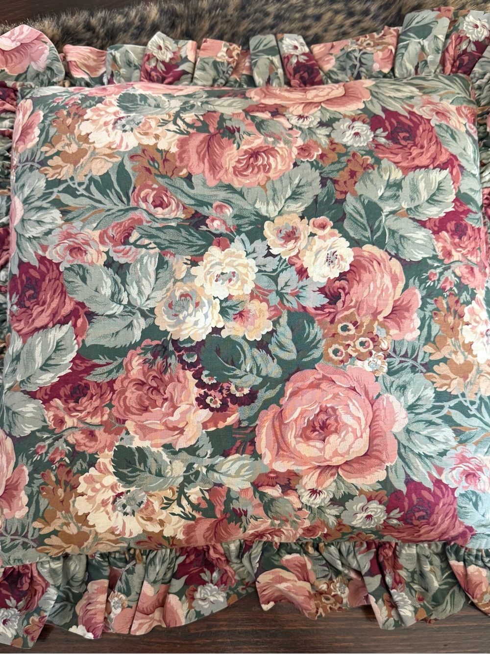 Floral Ruffled Decorative Throw Pillow - Pink & Green